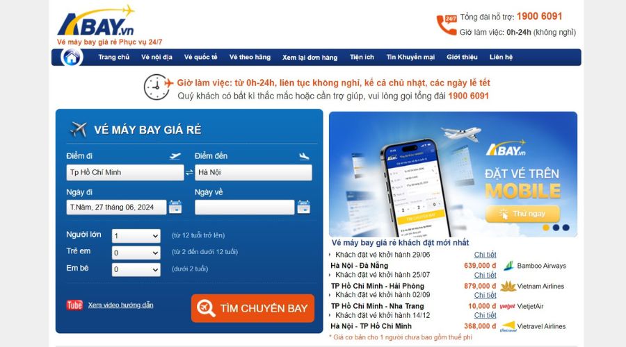 Trang chủ đặt vé máy bay của Abay.