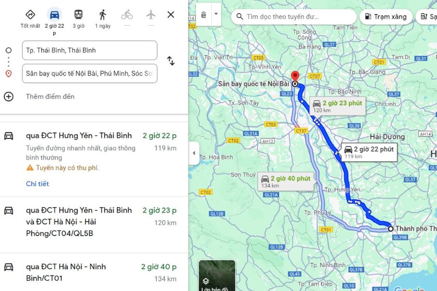 Các tuyến đường Thái Bình - Sân bay Nội Bài.