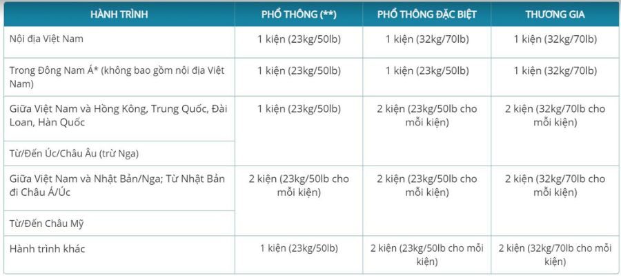 Hành lý ký gửi miễn cước với từng hạng vé của Vietnam Airline.