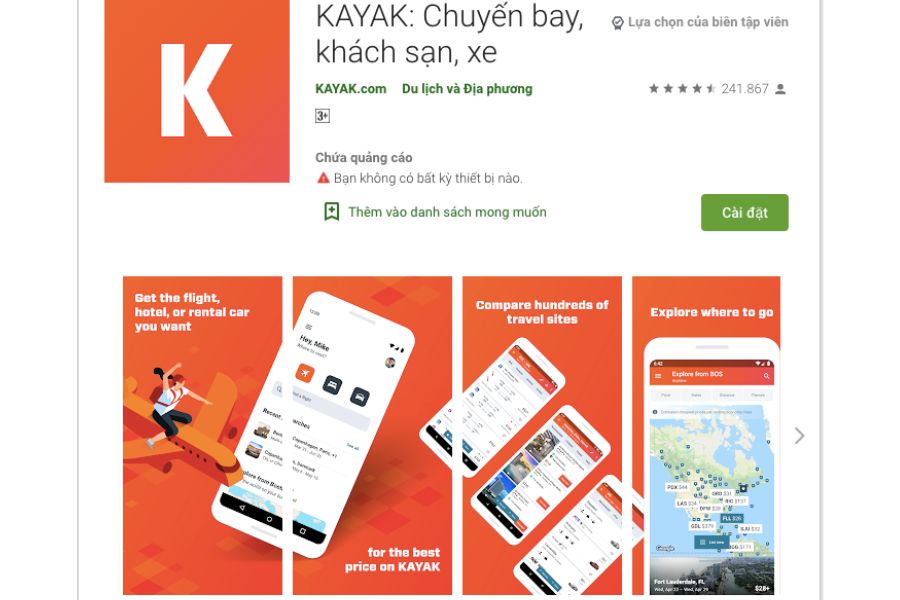 Ứng dụng đặt vé máy bay Kayak.