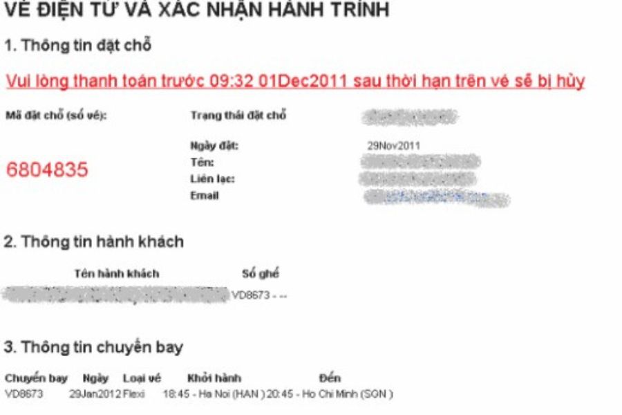 Email xác nhận đặt vé từ hãng hàng không.